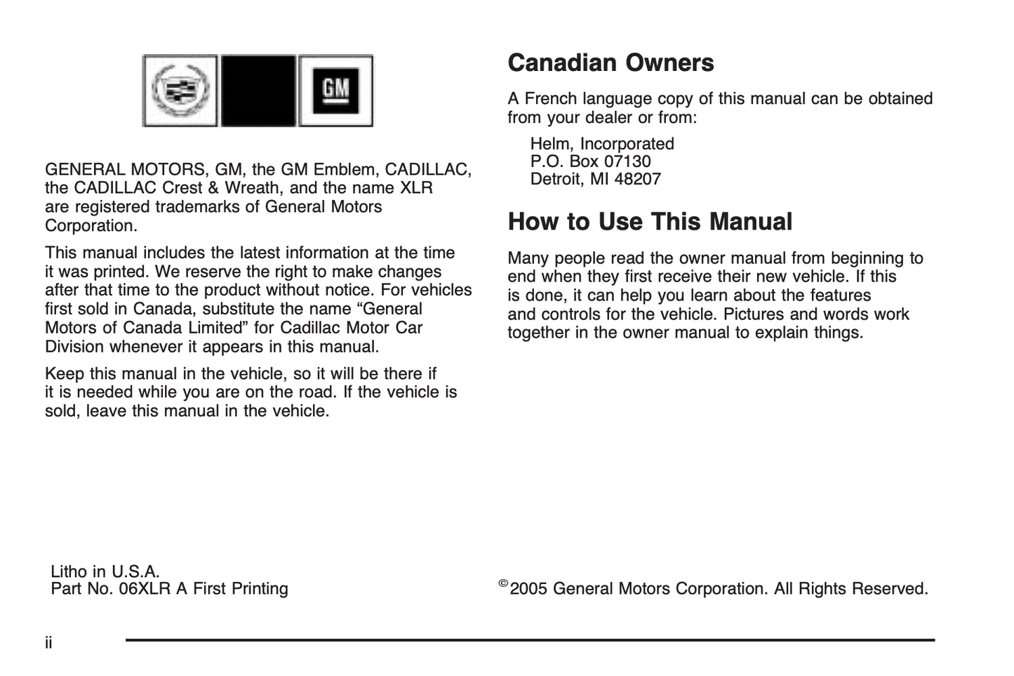 2006 Cadillac XLR Owner's Manual | English