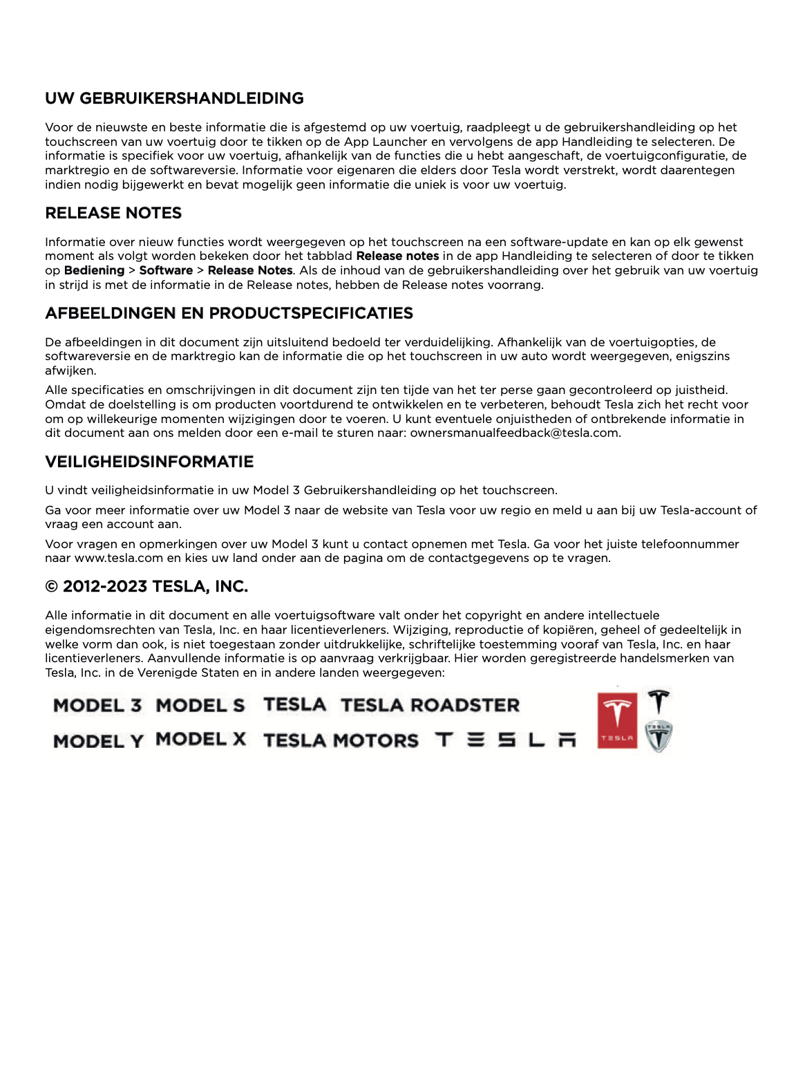 2023-2024 Tesla Model 3 Bedienungsanleitung | Niederländisch