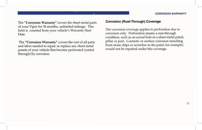 1996 Dodge Viper GTS Warranty & Maintenance Booklet | English