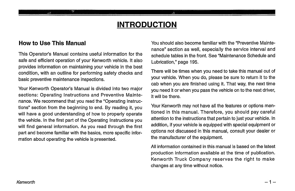 1996-2003 Kenworth K100/W900/T600/T800/C500 Owner's Manual | English