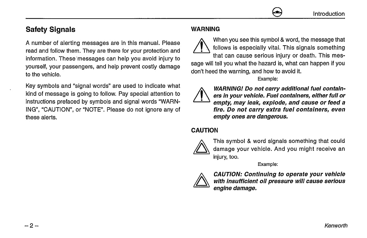 1996-2003 Kenworth K100/W900/T600/T800/C500 Owner's Manual | English