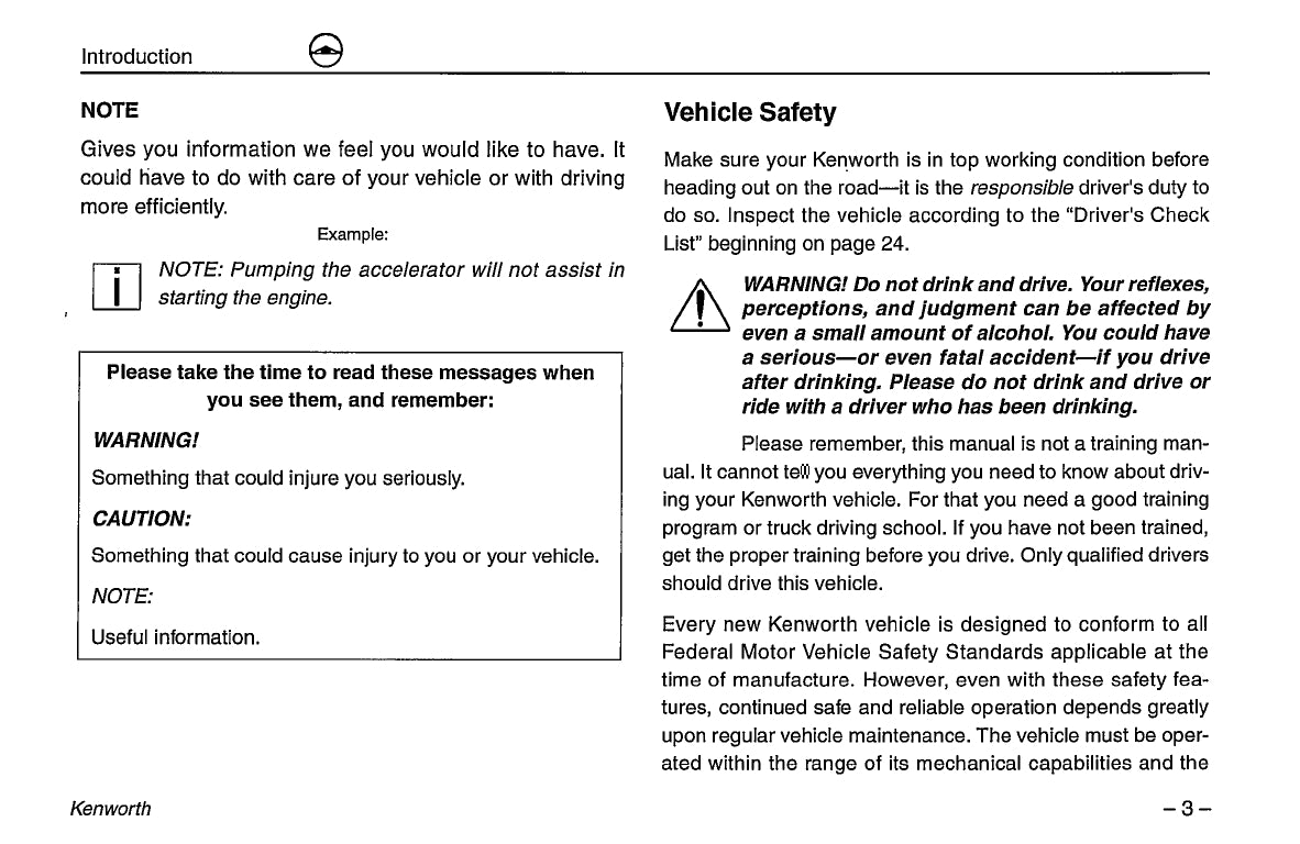 1996-2003 Kenworth K100/W900/T600/T800/C500 Owner's Manual | English