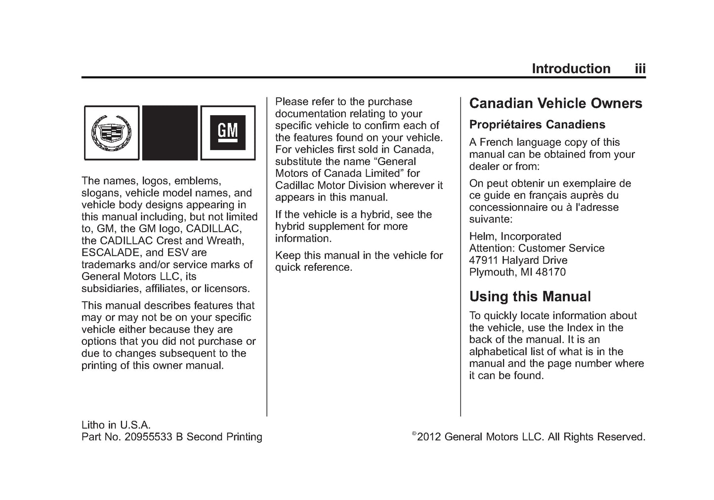 2013 Cadillac Escalade / ESV Manuel du propriétaire | Anglais