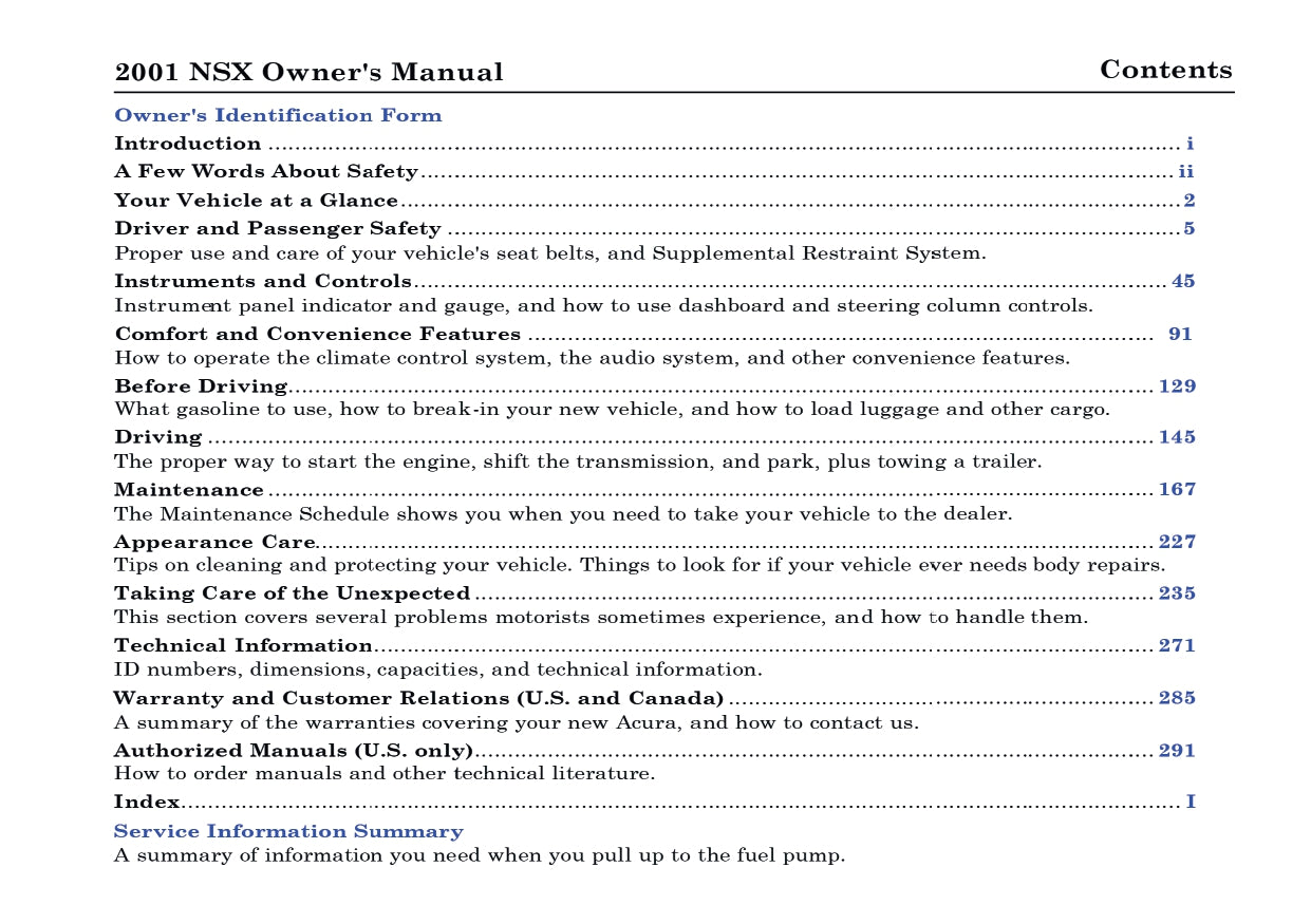 2001 Acura NSX Gebruikershandleiding | Engels