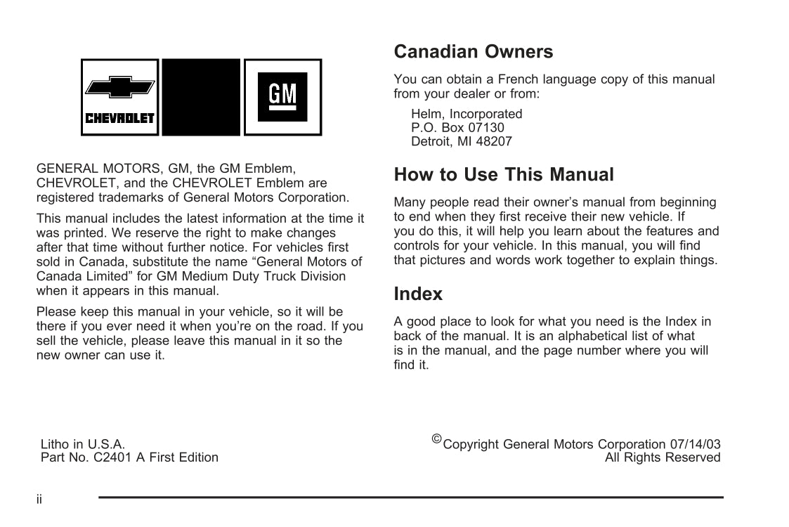 2004 Chevrolet Kodiak Manuel du propriétaire | Anglais