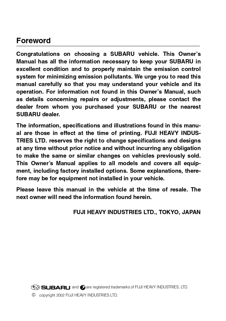 2003 Subaru Baja Owner's Manual | English