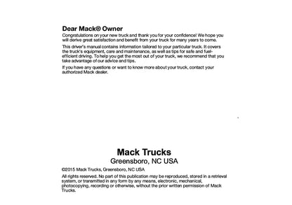 2015-2018 Mack Pinnacle Gebruikershandleiding | Engels