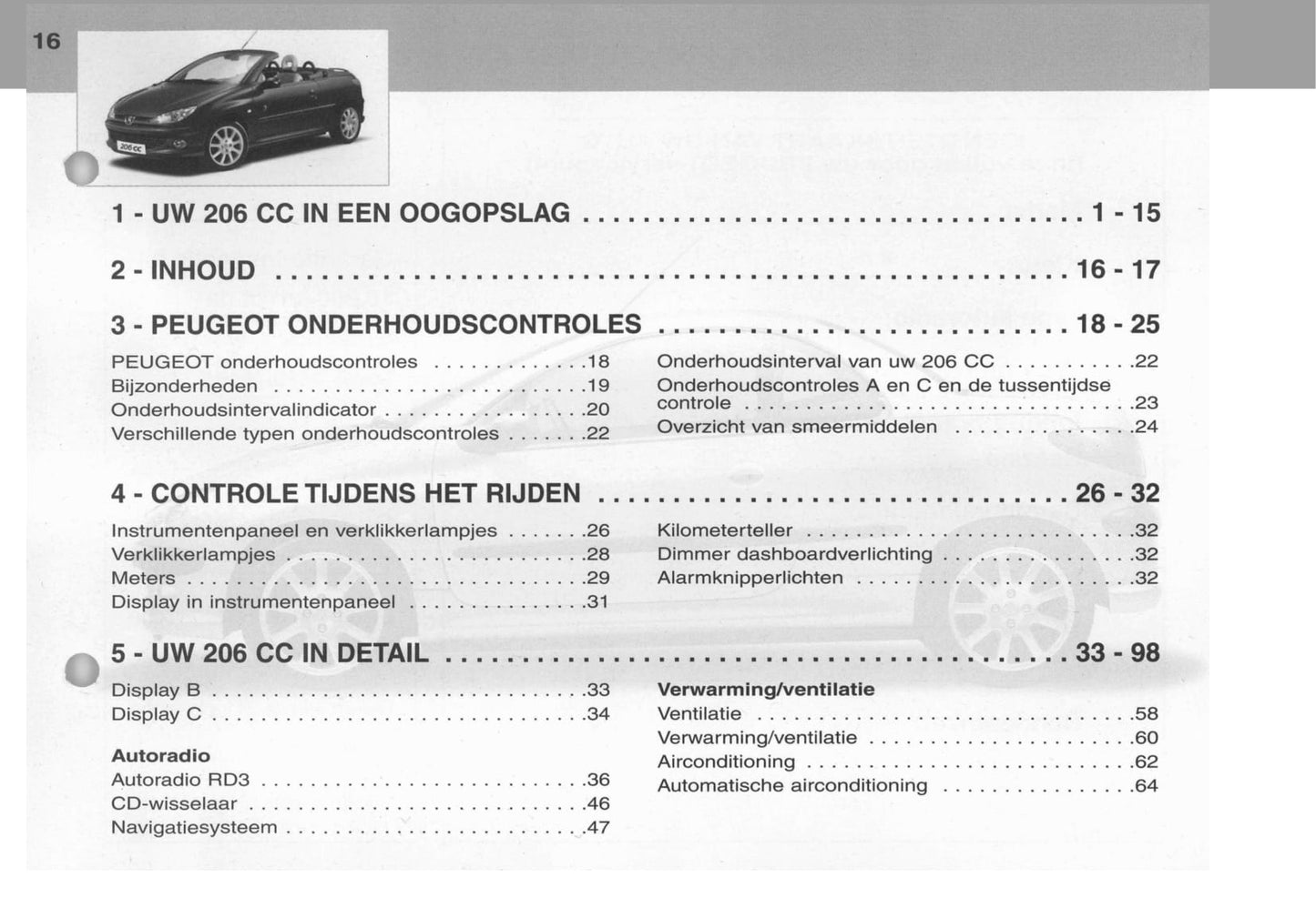 2003-2004 Peugeot 206 CC Bedienungsanleitung | Niederländisch