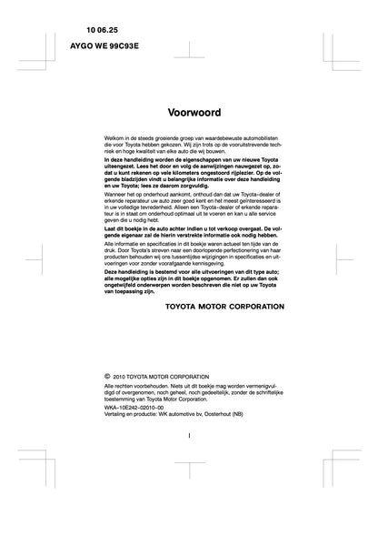 2010-2011 Toyota Aygo Owner's Manual | Dutch