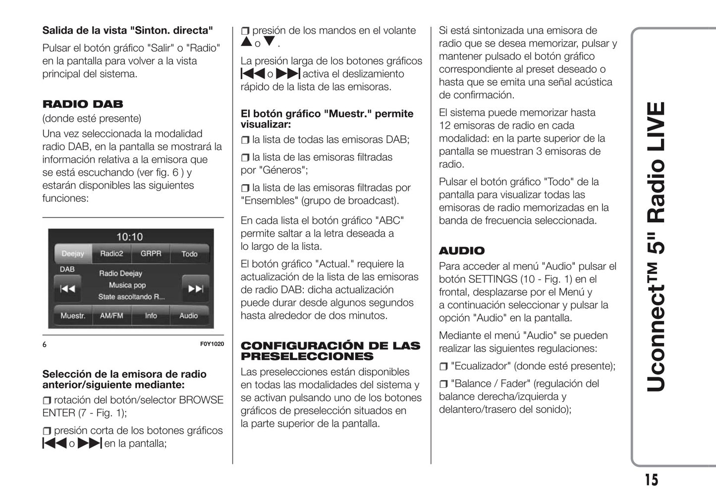 Alfa Romeo Mito Uconnect 5 Radio Live Instrucciones 2016 - 2020