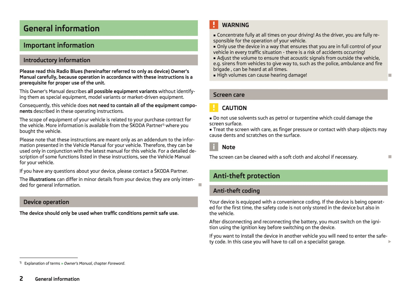 Skoda Radio Blues Owner's Manual 2013