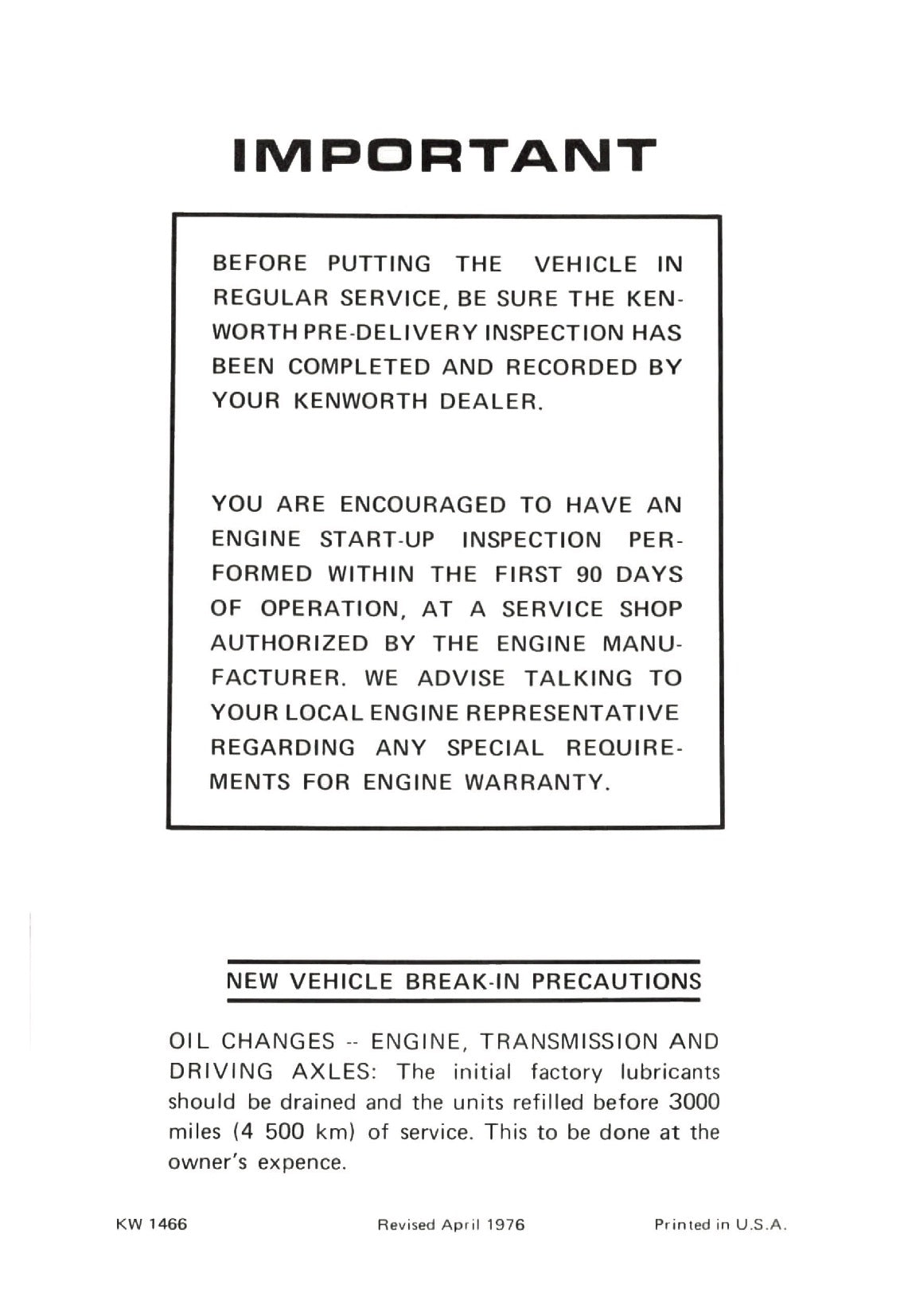 1976 Kenworth  Owner's Manual | English