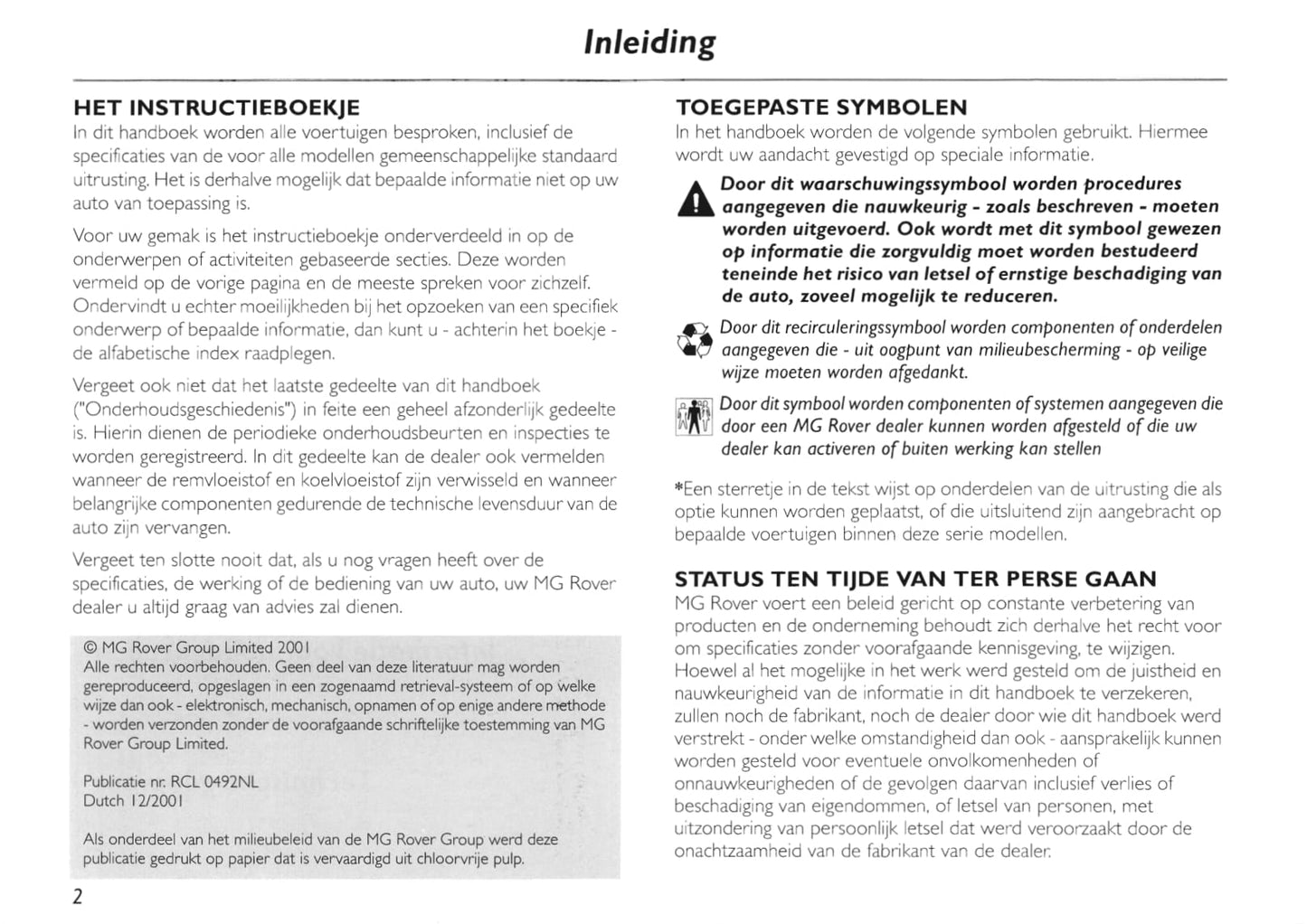 2002-2005 MG TF Owner's Manual | Dutch