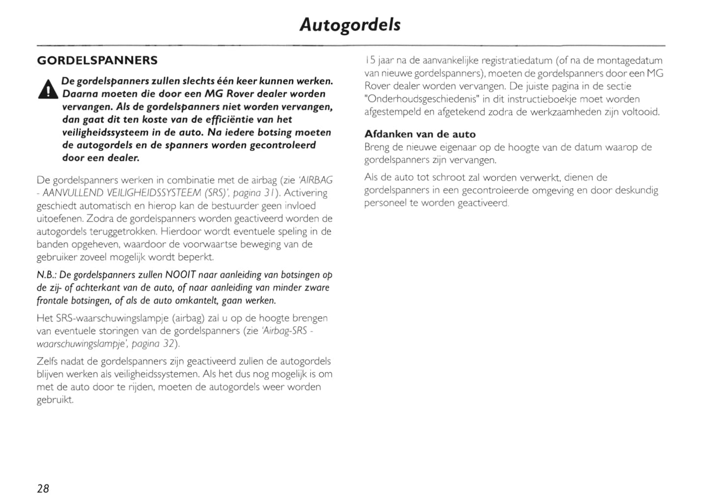 2002-2005 MG TF Owner's Manual | Dutch