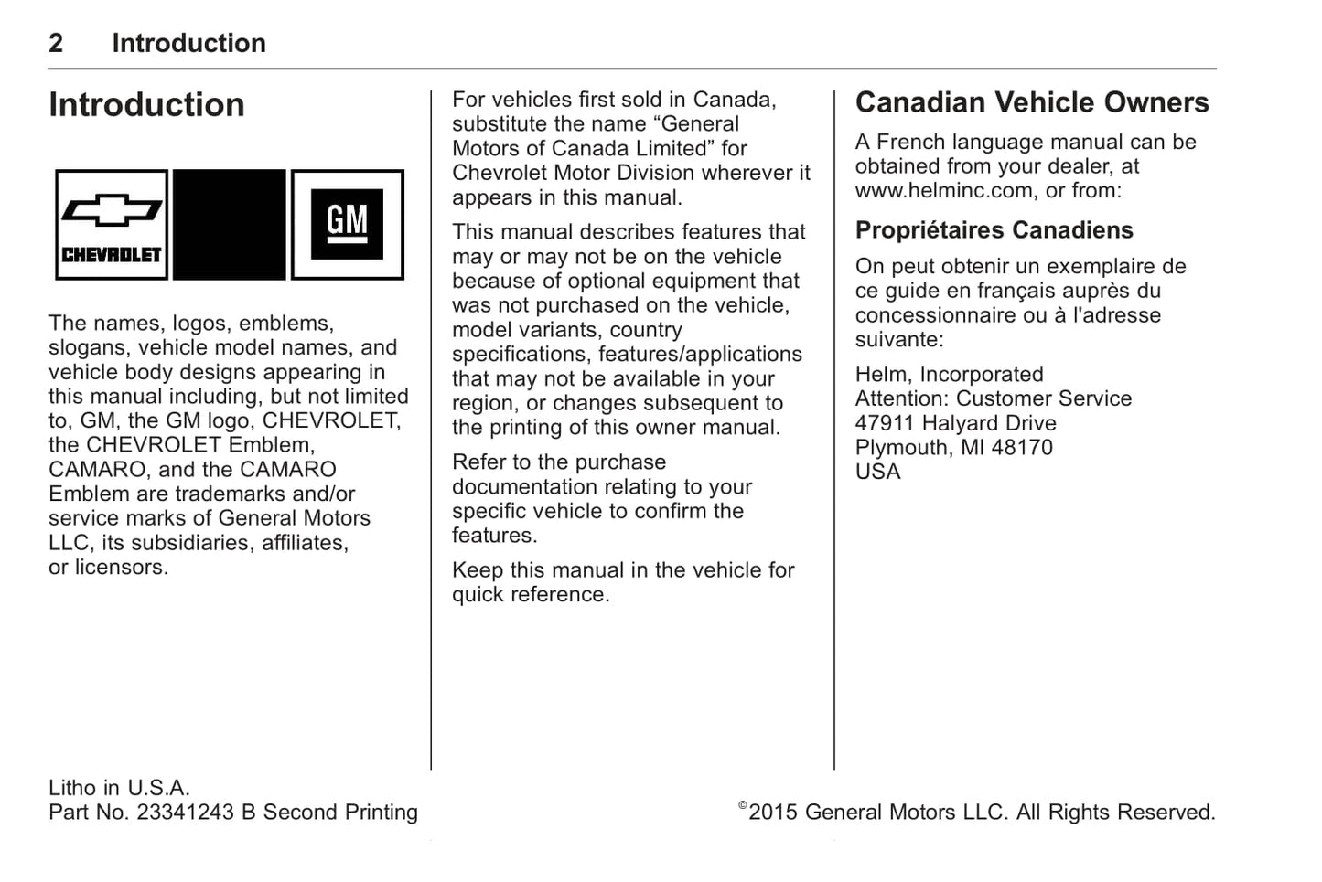 2016 Chevrolet Camaro Owner's Manual | English