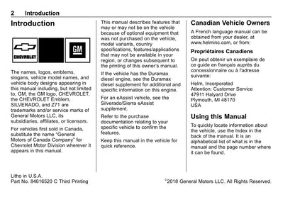 2018 Chevrolet Silverado Manuel du propriétaire | Anglais