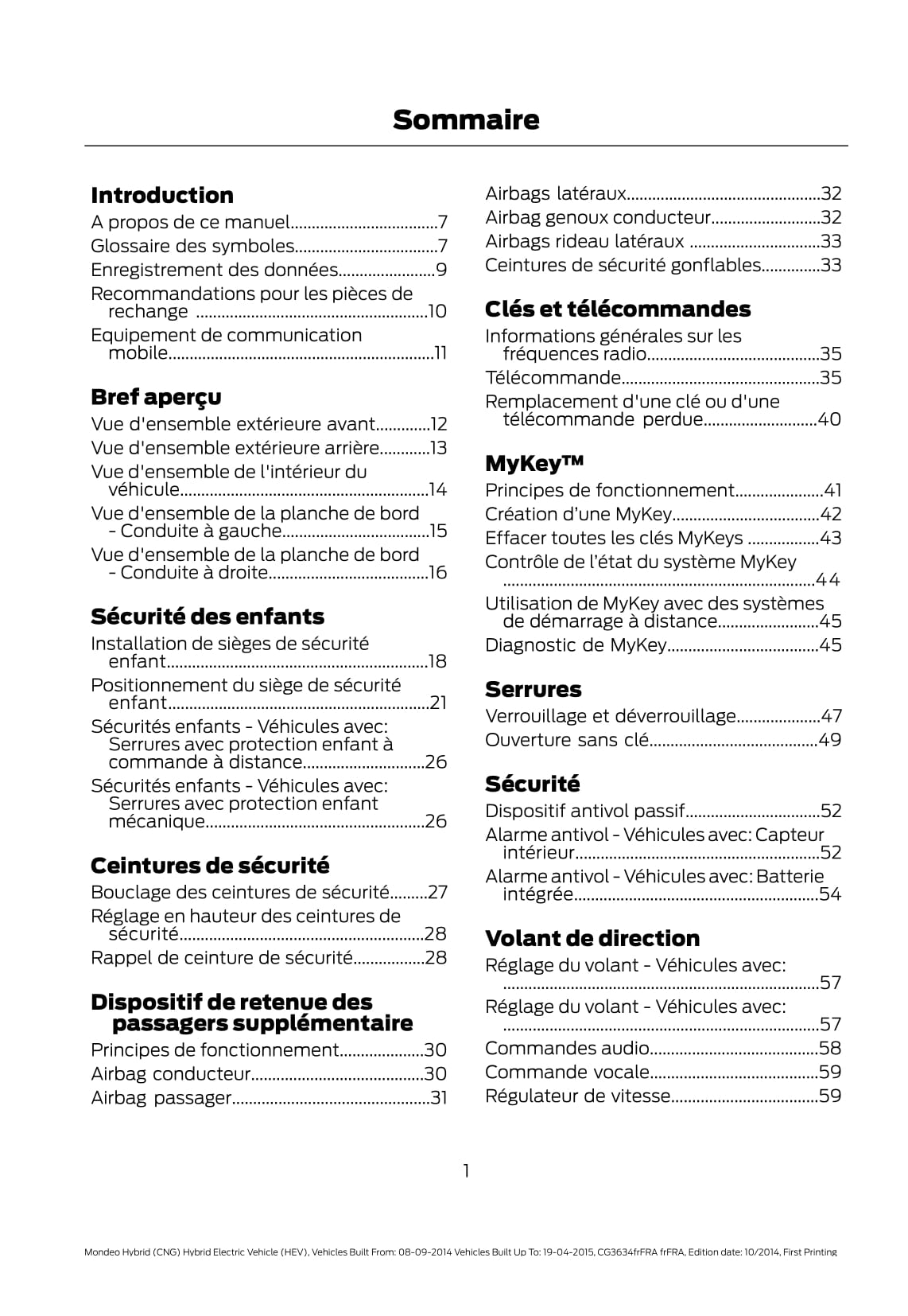 2014-2015 Ford Mondeo / Mondeo Hybrid Manuel du propriétaire | Français