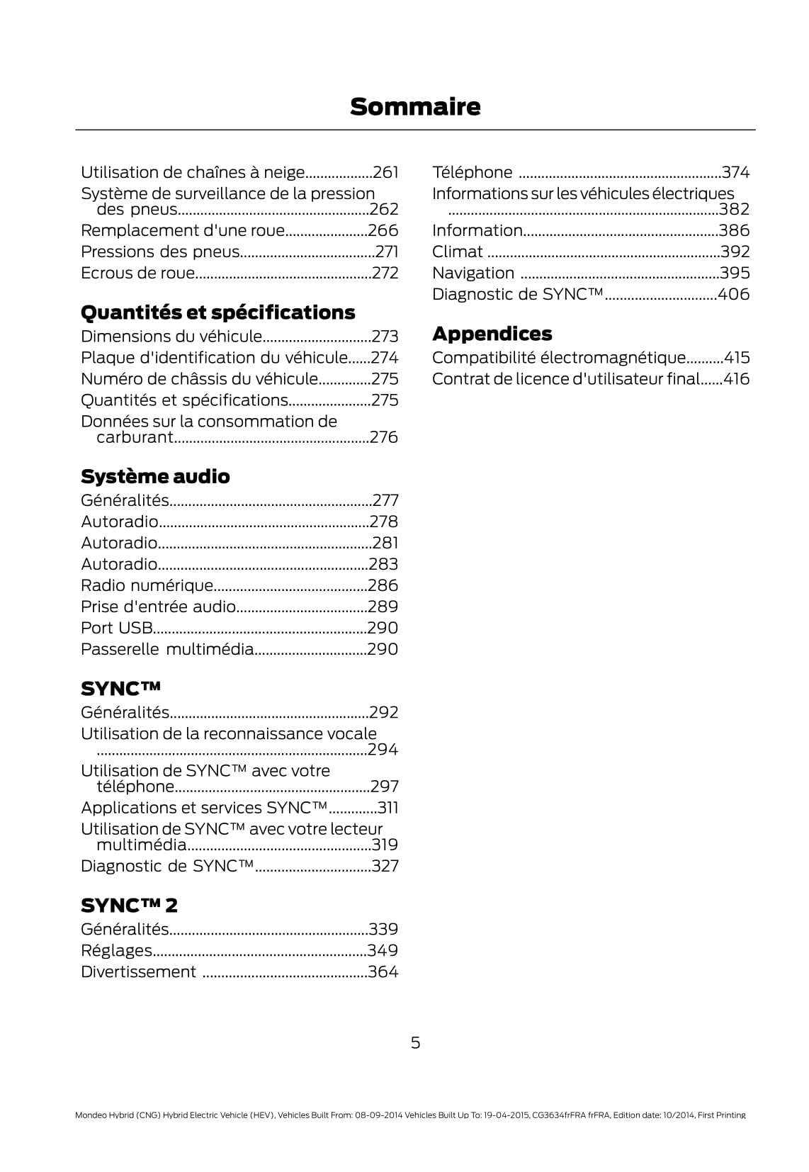 2014-2015 Ford Mondeo / Mondeo Hybrid Manuel du propriétaire | Français