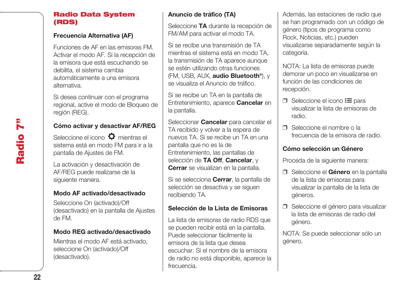 Abarth 124 Spider Radio 7 Instrucciones 2016 - 2018