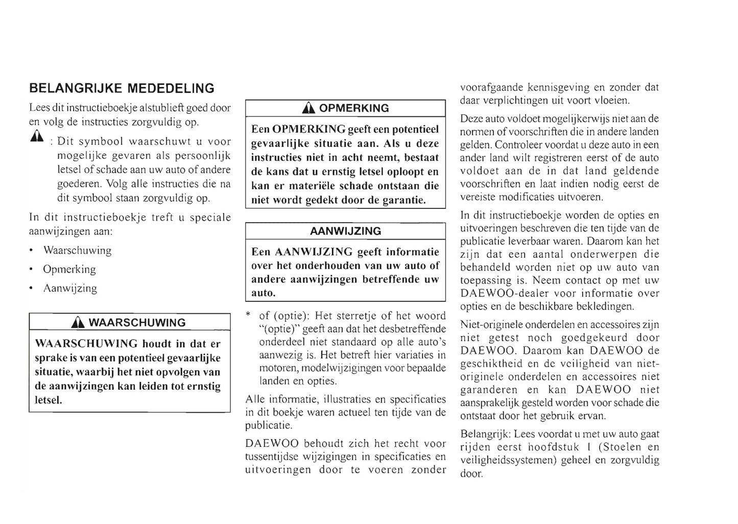 1999-2003 Daewoo Nubira Owner's Manual | Dutch