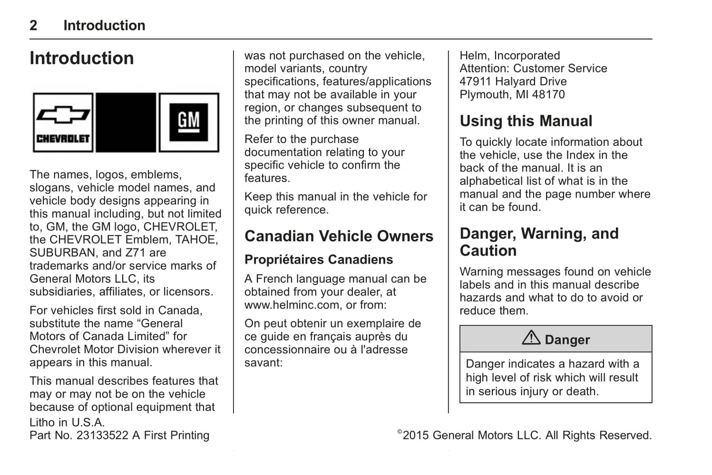 2016 Chevrolet Suburban/Tahoe Manuel du propriétaire | Anglais