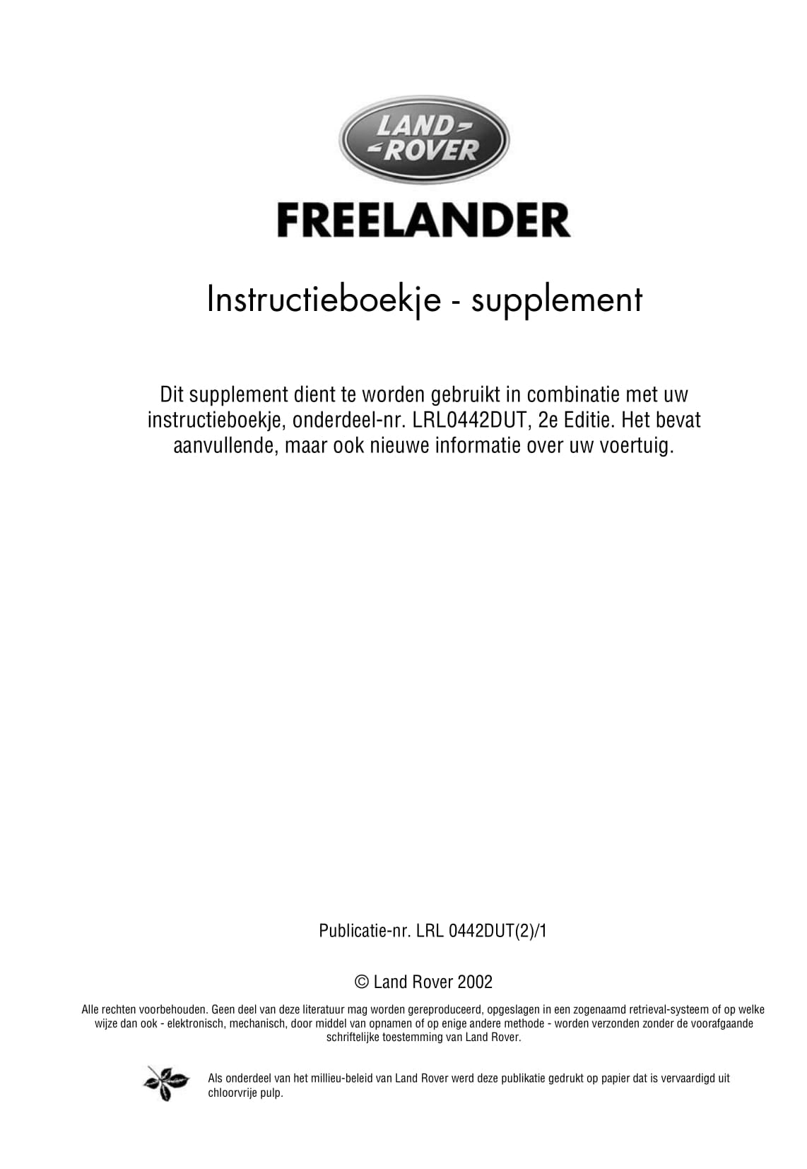 2002-2003 Land Rover Freelander Owner's Manual | Dutch