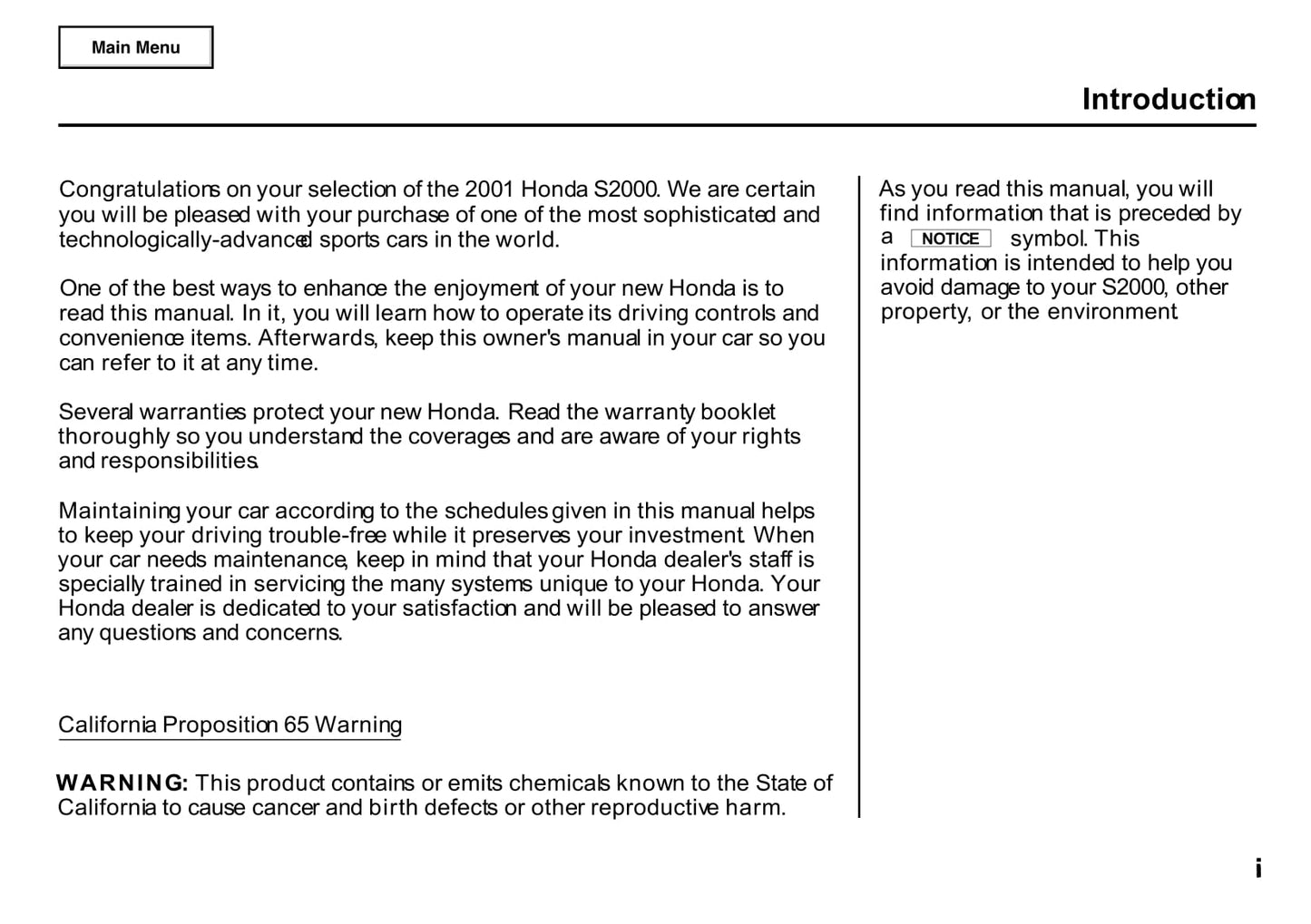 2001 Honda S2000 Owner's Manual | English