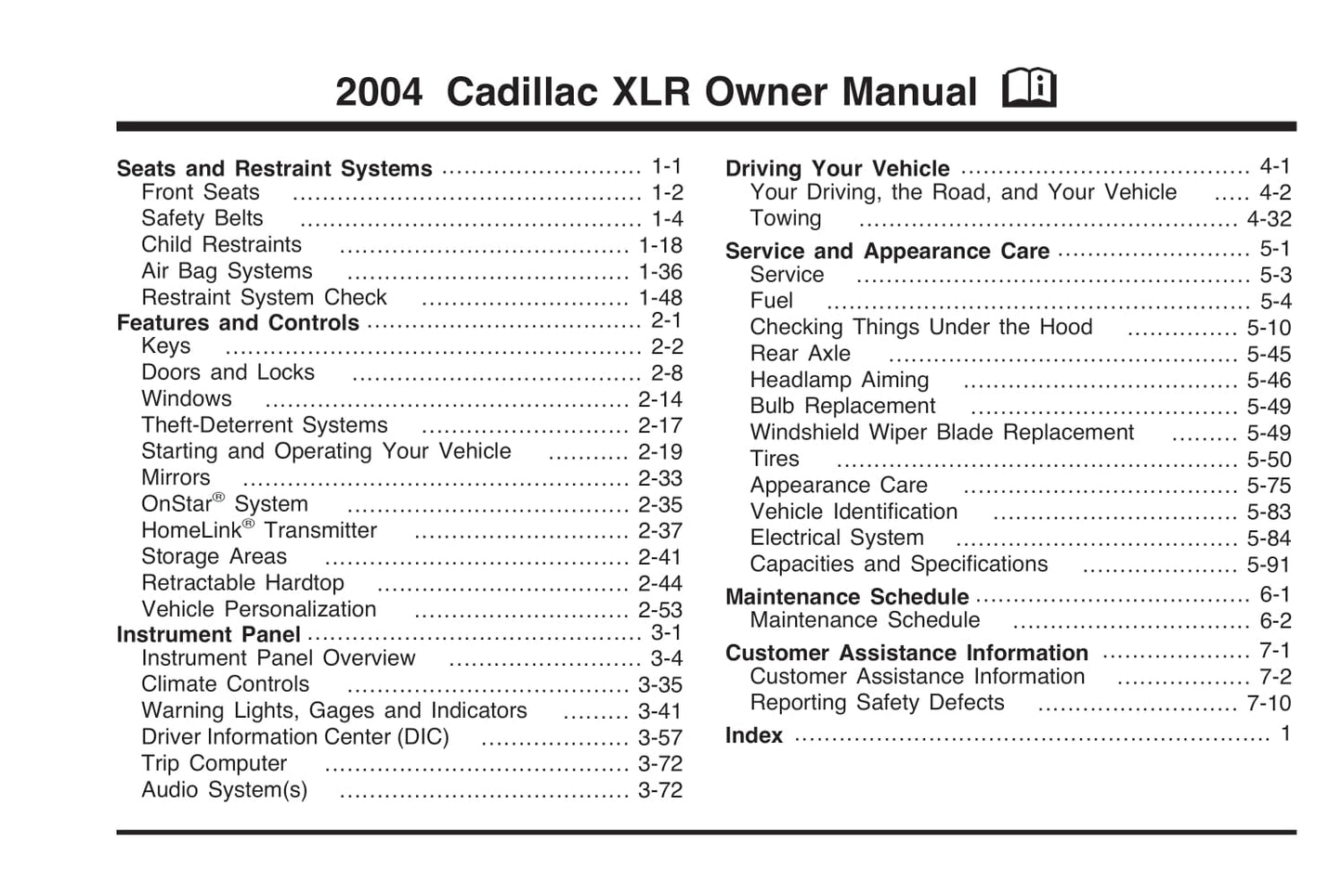 2004 Cadillac XLR Owner's Manual | English