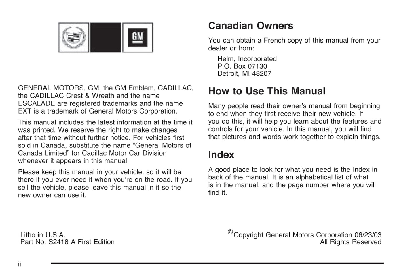 2004 Cadillac Escalade Owner's Manual | English