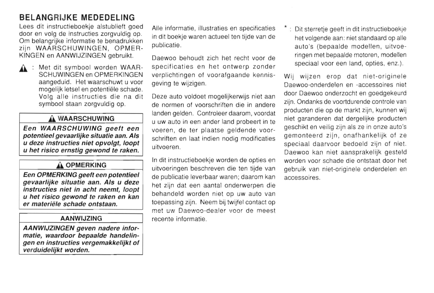 1997-2002 Daewoo Leganza Bedienungsanleitung | Niederländisch