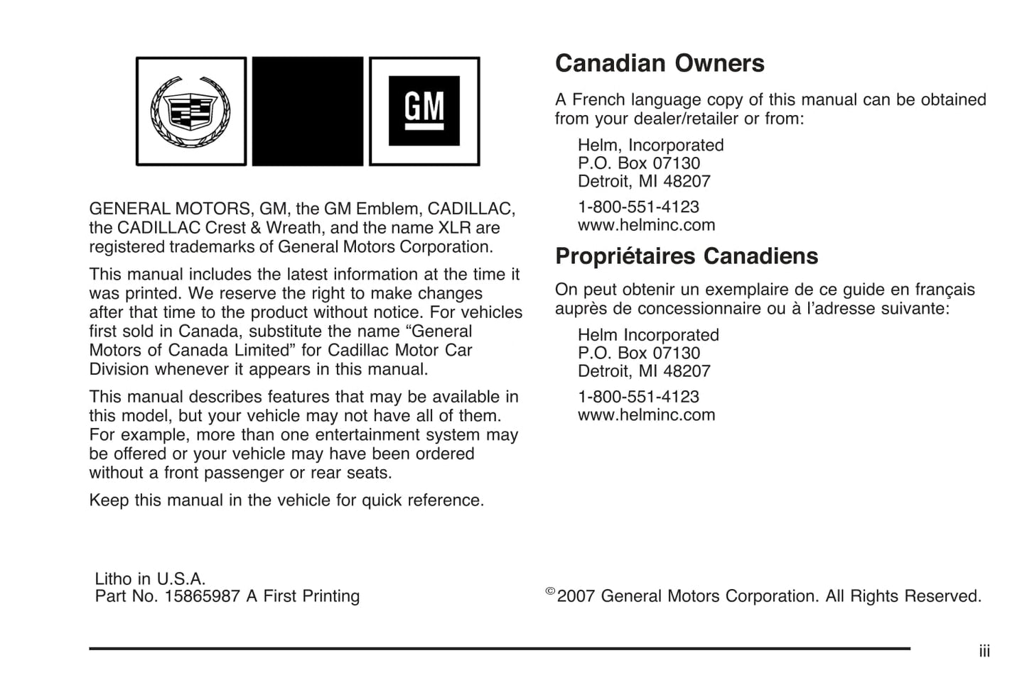 2008 Cadillac XLR/XLR-V Manuel du propriétaire | Anglais