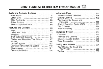 2007 Cadillac XLR/XLR-V Manuel du propriétaire | Anglais