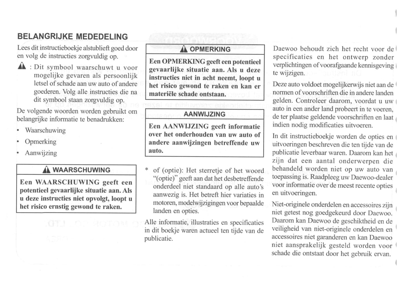 2000-2004 Daewoo Tacuma Gebruikershandleiding | Nederlands